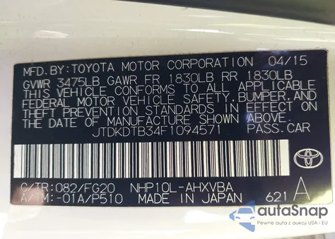 2015 Toyota Prius C Two from USA, damaged, VIN JTDKDTB34F1094571
